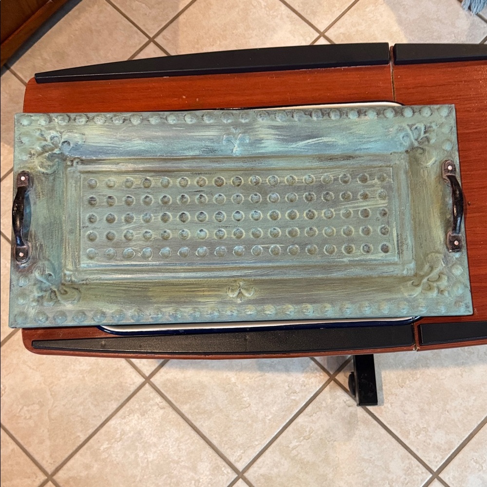Rustic Metal Tray with Handles Blue Green